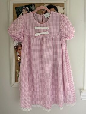 Pink Mable Gingham Puff-Sleeve Dress with Bow Accent